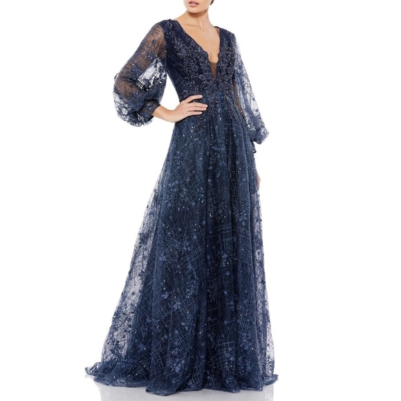 NWT Mac Duggal Embellished Plunge Neck Puff Sleeve A-Line Gown in Midnig… - Picture 1 of 3